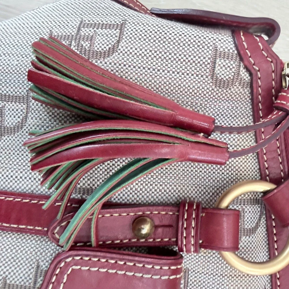 Dooney & Bourke Signature Monogram Canvas Satchel Burgundy Leather Trim 33906721